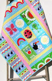 Sunshine Day Quilt Kit, Girl Studio E Fabrics, Panel Quick Simple Easy Beginner Project, Owl Frog Rainbow Ladybug, Pink Aqua Yellow Whimsy
