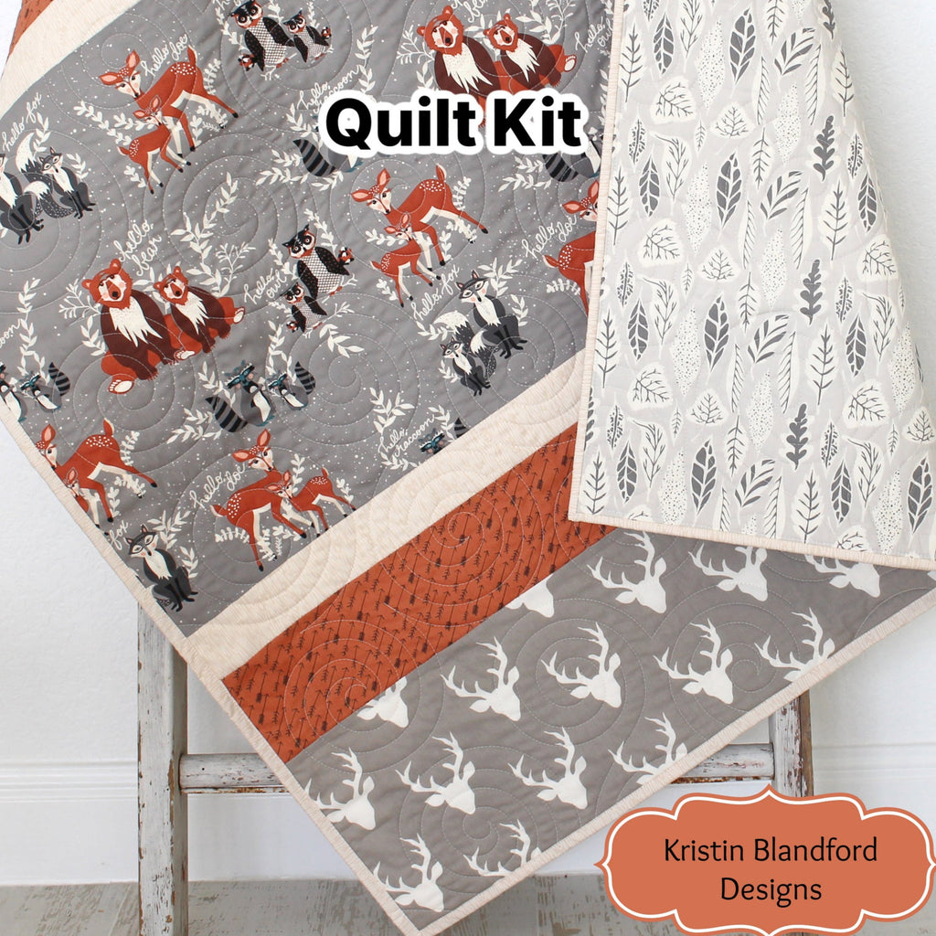 Kristin Blandford Designs Baby Quilt Kits Woodland Quilt Kit, Baby Boy, DIY Project, Forest Animals Hello Bear, Art Gallery Fabrics, Deer Fox, Simple Easy Beginner, Striped Pattern