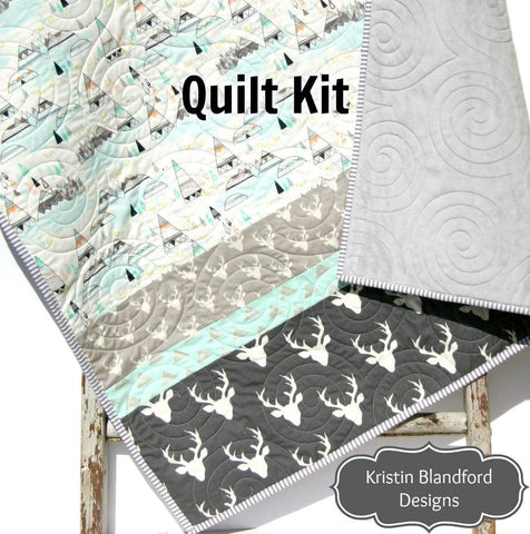 Woodland Quilt Kit in Baby and Toddler Sizes, Indian Summer Teepee  Deer Bucks Boy Simple Quick Easy Strip Sewing Project Beginner Quilting