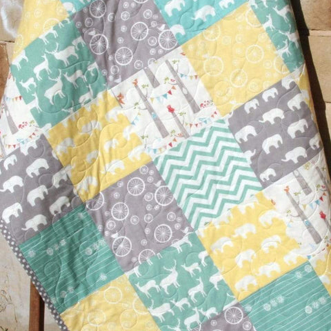 Baby Quilt, Organic Gender Neutral, Yellow Aqua Pool Teal Blue Grey, Deer Elephant Woodland Forest, Bunting Chevron, Boy Girl, Toddler Quilt