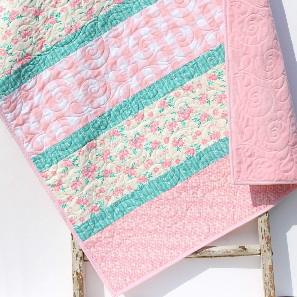 Kristin Blandford Designs Baby Quilt, Plaid Floral Minky Blanket, Farmhouse Flower Crib Bedding, Vintage Chic Floral