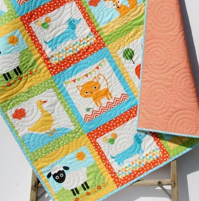 Animal Baby Quilt, Patchwork, Baby Blanket Unisex Dachshund Dog Cat Panda Sheep Fox, Orange Yellow