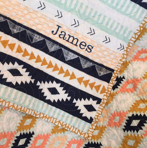 Aztec Crib Bedding, Arizona Baby Blanket, Southwest, Crib Quilt, Handmade, Baby Gift, Nursery Decor, Toddler, Navy Blue, Mint, Coral, Girl