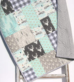 Kristin Blandford Designs Boy Quilts Baby Quilts for Sale, Handmade Personalized Gifts, Woodland Boy Nursery Decor, Plaid Minky Blanket, Grey Deer Light Blue Aqua Buck Stag Gift