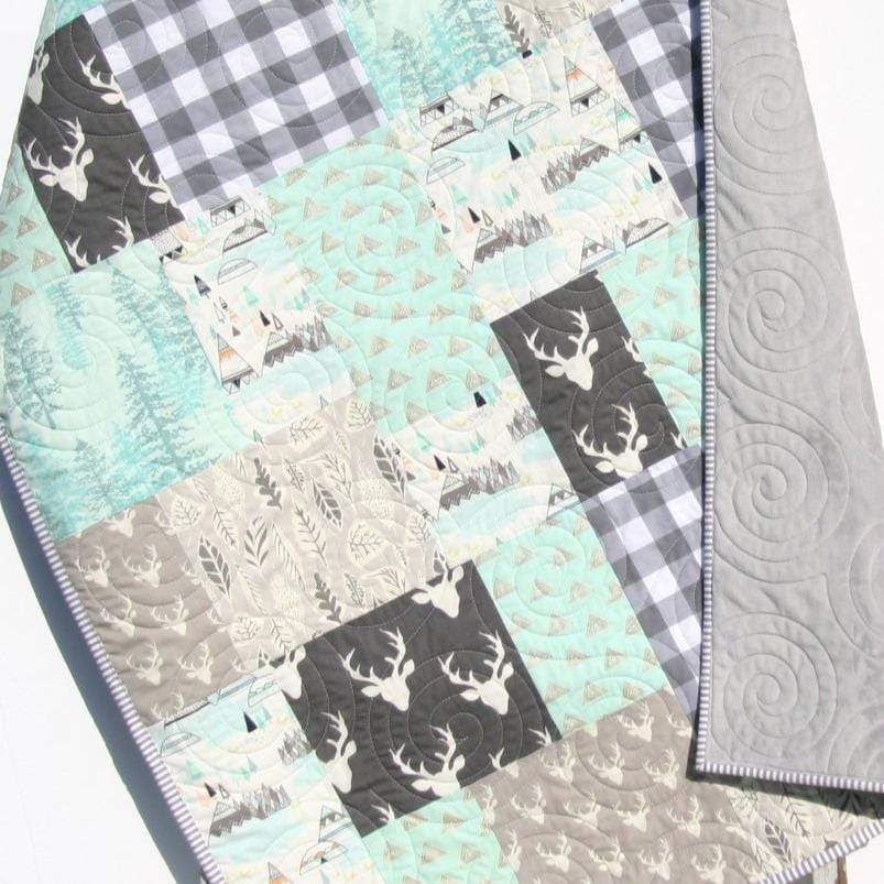 Baby Quilts for Sale, Handmade Personalized Gifts, Woodland Boy Nursery Decor, Plaid Minky Blanket, Grey Deer Light Blue Aqua Buck Stag Gift without n