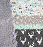 Baby Quilts Handmade, Personalized Gifts, Woodland Boy Nursery Decor, Toddler Blanket, Grey Deer Minky, Teepee Light Blue Aqua, Buck Stag