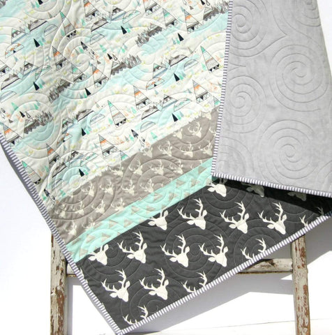 Baby Quilts Handmade, Personalized Gifts, Woodland Boy Nursery Decor, Toddler Blanket, Grey Deer Minky, Teepee Light Blue Aqua, Buck Stag