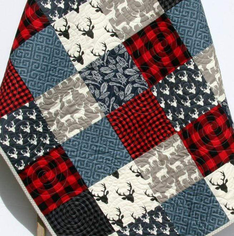 Buffalo Plaid Quilt, Navy Blue Red, Woodland Boy Lumberjack Plaid Nursery, Deer Baby Blanket