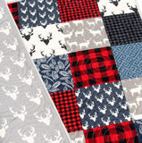 Buffalo Plaid Quilt, Navy Blue Red, Woodland Boy Lumberjack Plaid Nursery, Deer Baby Blanket