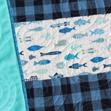 Kristin Blandford Designs Boy Quilts Handmade, Striped Fish Baby Blanket, Nursery Bedding, Navy Blue Plaid