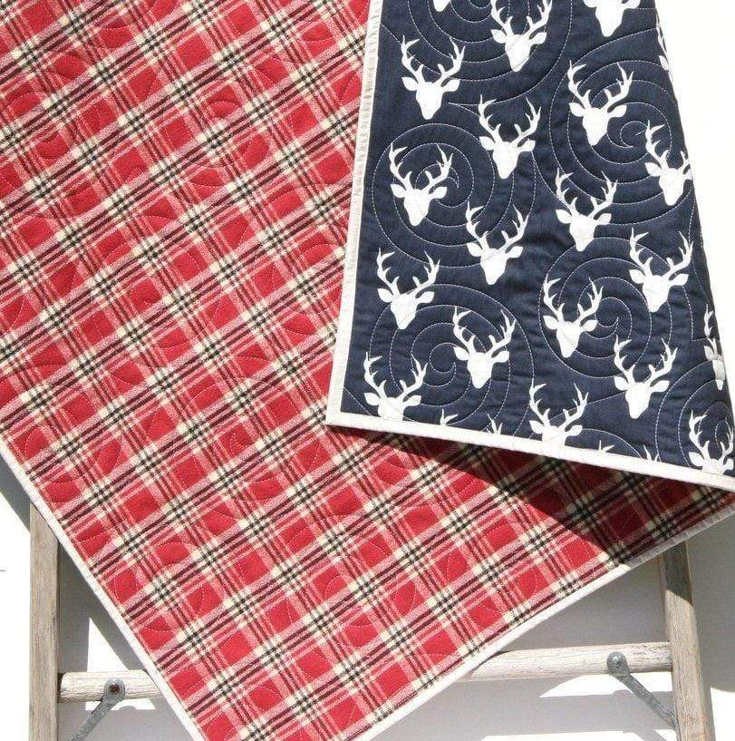 LAST ONE Plaid Blanket, Deer Baby Quilt, Modern Bedding, Crib Cot Nursery, Woodland Buck, Toddler, Navy Blue Red, Lumberjack Flannel, Newborn Gift