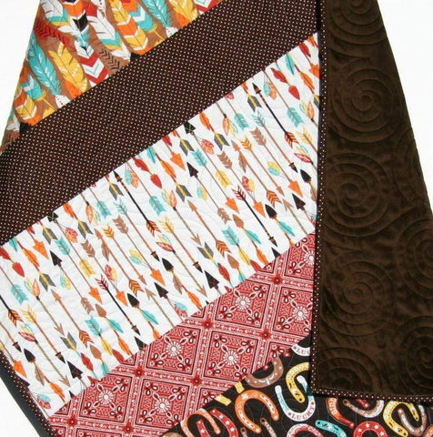 Kristin Blandford Designs Boy Quilts LAST ONE Western Boy Quilt, Nursery Baby Bedding, Brown Cowboy Blanket, Crib Decor, Horseshoes Feathers, Handmade Gift for Newborn, Toddler Child