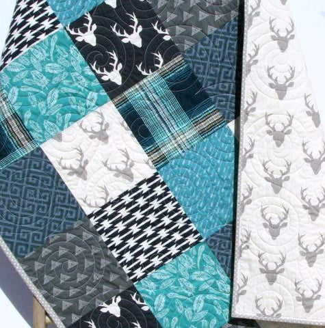 Modern Boy Quilt Teal Navy Blue Deer Buck Plaid Baby Toddler Woodland