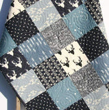 LAST ONE Modern Deer Boy Quilt, Handmade Crib Bedding, Navy Blue Baby Blanket
