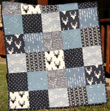 LAST ONE Modern Deer Boy Quilt, Handmade Crib Bedding, Navy Blue Baby Blanket