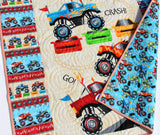 Kristin Blandford Designs Boy Quilts Monster Truck Quilt, Boy Baby Blanket, Nursery Bedding, Newborn Baby Shower Gifts, Handmade Personalized with Name Race Smash Crash for Sale