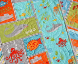 LAST ONE Nautical Baby Quilts, Modern Ocean Crib Quilt, Ocean Nursery Bedding, Whale Blanket Octopus Shark Crab Fish, Neutral Boy Girl