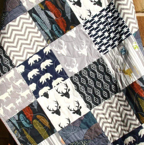 Navy Deer Boy Quilt, Handmade Crib Bedding, Toddler Blanket, Woodland Baby Nursery