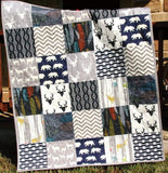 Navy Deer Boy Quilt, Handmade Crib Bedding, Toddler Blanket, Woodland Baby Nursery