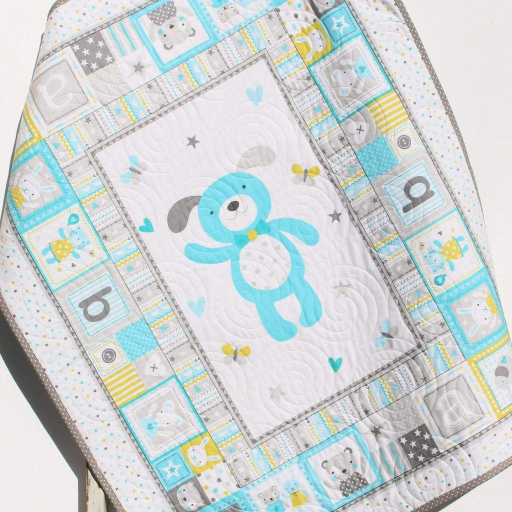 Kristin Blandford Designs Boy Quilts Newborn Baby Quilt, Boy Bedding Handmade Monogrammed Gift Crib Nursery Decor Embroidery Name Gift Blue Grey Gray Animal Blocks Elephants
