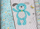 Kristin Blandford Designs Boy Quilts Newborn Baby Quilt, Boy Bedding Handmade Monogrammed Gift Crib Nursery Decor Embroidery Name Gift Blue Grey Gray Animal Blocks Elephants