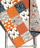 Orange Navy Quilt, Baby Boy Toddler Bedding Crib Blanket, Woodland Animals