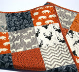 Orange Navy Quilt, Baby Boy Toddler Bedding Crib Blanket, Woodland Animals