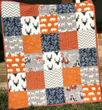 Orange Navy Quilt, Baby Boy Toddler Bedding Crib Blanket, Woodland Animals