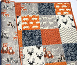 Orange Navy Quilt, Baby Boy Toddler Bedding Crib Blanket, Woodland Animals