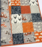 Orange Navy Quilt, Baby Boy Toddler Bedding Crib Blanket, Woodland Animals