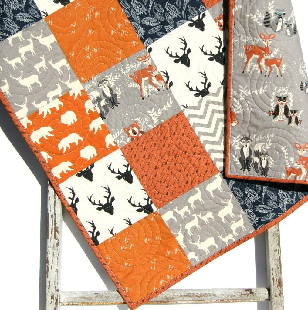 Orange Navy Quilt, Baby Boy Toddler Bedding Crib Blanket, Woodland Animals