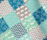 Kristin Blandford Designs Boy Quilts Organic Baby Boy Quilt, Buck Bedding, Deer Crib Blanket, Woodlands Nursery Decor, Forest Elephants Chevron, Blue Grey Gray, Gift For Newborn