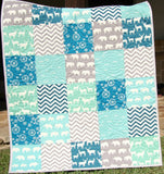 Kristin Blandford Designs Boy Quilts Organic Baby Boy Quilt, Buck Bedding, Deer Crib Blanket, Woodlands Nursery Decor, Forest Elephants Chevron, Blue Grey Gray, Gift For Newborn