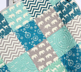 Kristin Blandford Designs Boy Quilts Organic Baby Boy Quilt, Buck Bedding, Deer Crib Blanket, Woodlands Nursery Decor, Forest Elephants Chevron, Blue Grey Gray, Gift For Newborn