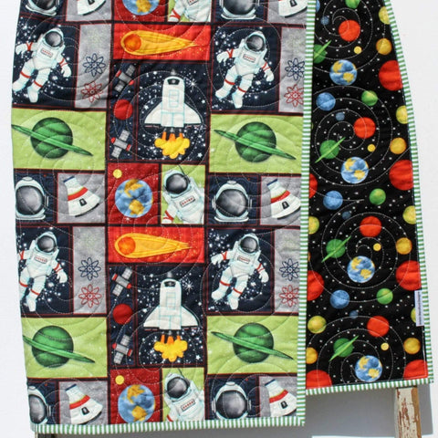 Kristin Blandford Designs Boy Quilts Planets Quilt, Space Crib Bedding, Solar System Quilt, Science Nursery Decor, Astronomy Blanket for Baby, Cot, Navy Blue, Moon Rocket Boys