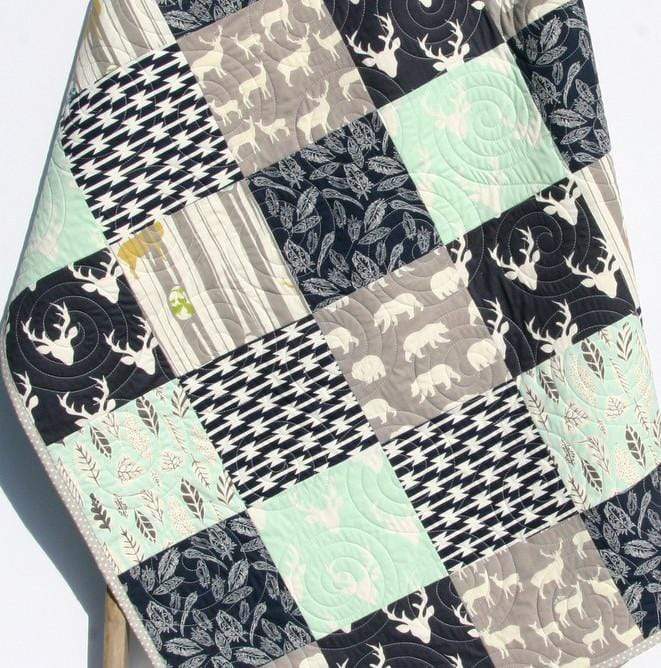 Navy Mint And Grey Baby Nursery Quilt, Woodland Mint Green Navy