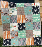 Rustic Baby Quilt, Nursery Bedding, Buck Deer Forest Animals, Personalize Monogram