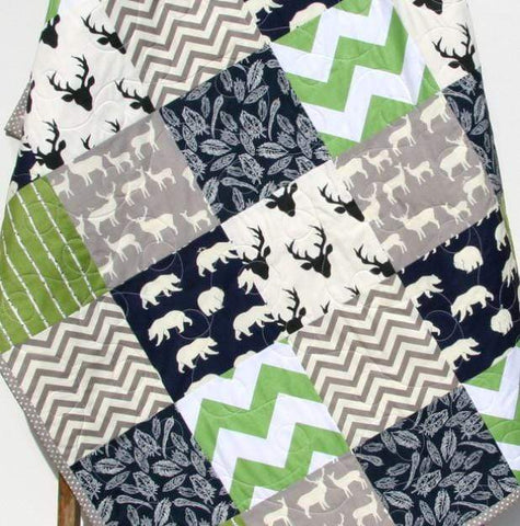 LAST ONE Rustic Woodland Quilt, Baby Boy Toddler Green Navy Blue Deer Stag