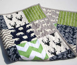 LAST ONE Rustic Woodland Quilt, Baby Boy Toddler Green Navy Blue Deer Stag