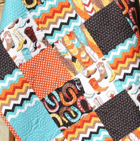 SALE Western Boys Quilt, Baby Quilt Homemade, Personalized Blanket, Crib Bedding, Cowboy Nursery, Boots Horseshoes Chevron Feathers Monogram