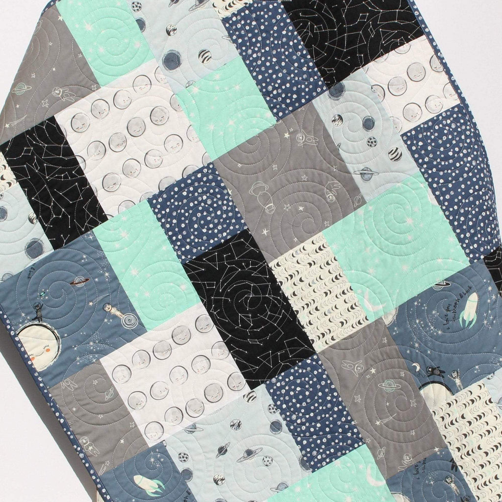 Kristin Blandford Designs Boy Quilts Space Baby Quilts for Sale, Handmade Personalized Gifts, Boy Nursery Decor Blanket Science Planets Moon Modern Nursery Navy Blue Mint Grey