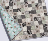 Kristin Blandford Designs Boy Quilts Teddy Bear Quilt Baby Boy Handmade Newborn Blanket Mint Grey Gray Patchwork Nursery Bedding Clouds Moon Sleep Tight Gold Pink Homemade Child