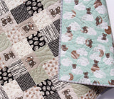 Kristin Blandford Designs Boy Quilts Teddy Bear Quilt Baby Boy Handmade Newborn Blanket Mint Grey Gray Patchwork Nursery Bedding Clouds Moon Sleep Tight Gold Pink Homemade Child