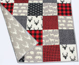 Kristin Blandford Designs Buffalo Plaid Quilt Baby Lumberjack Check Blanket, Red Black Grey Gray Handmade Gift for Newborn Personalize Monogram Initial Name Birthdate