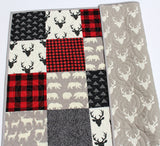 Kristin Blandford Designs Buffalo Plaid Quilt Baby Lumberjack Check Blanket, Red Black Grey Gray Handmade Gift for Newborn Personalize Monogram Initial Name Birthdate