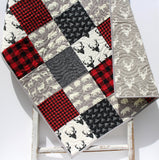 Kristin Blandford Designs Buffalo Plaid Quilt Baby Lumberjack Check Blanket, Red Black Grey Gray Handmade Gift for Newborn Personalize Monogram Initial Name Birthdate