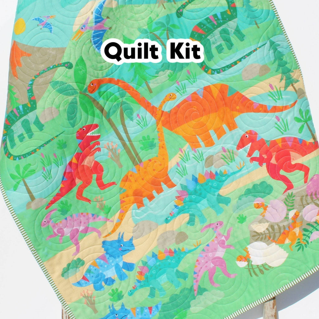 Kristin Blandford Designs Dino Quilt Kit Dinosaur Panel Quick Easy Fun Beginner Project Fabrics Baby Boy Child Kid Crib Quilt Green Blue Brown Sewing Patterns Sale