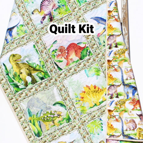 Kristin Blandford Designs Dinosaur Friends Quilt Kit for Baby or Toddler, Quilting Sewing Supplies Bundle Package Set, In the Beginning Fabrics, Newborn Boy Child Kid