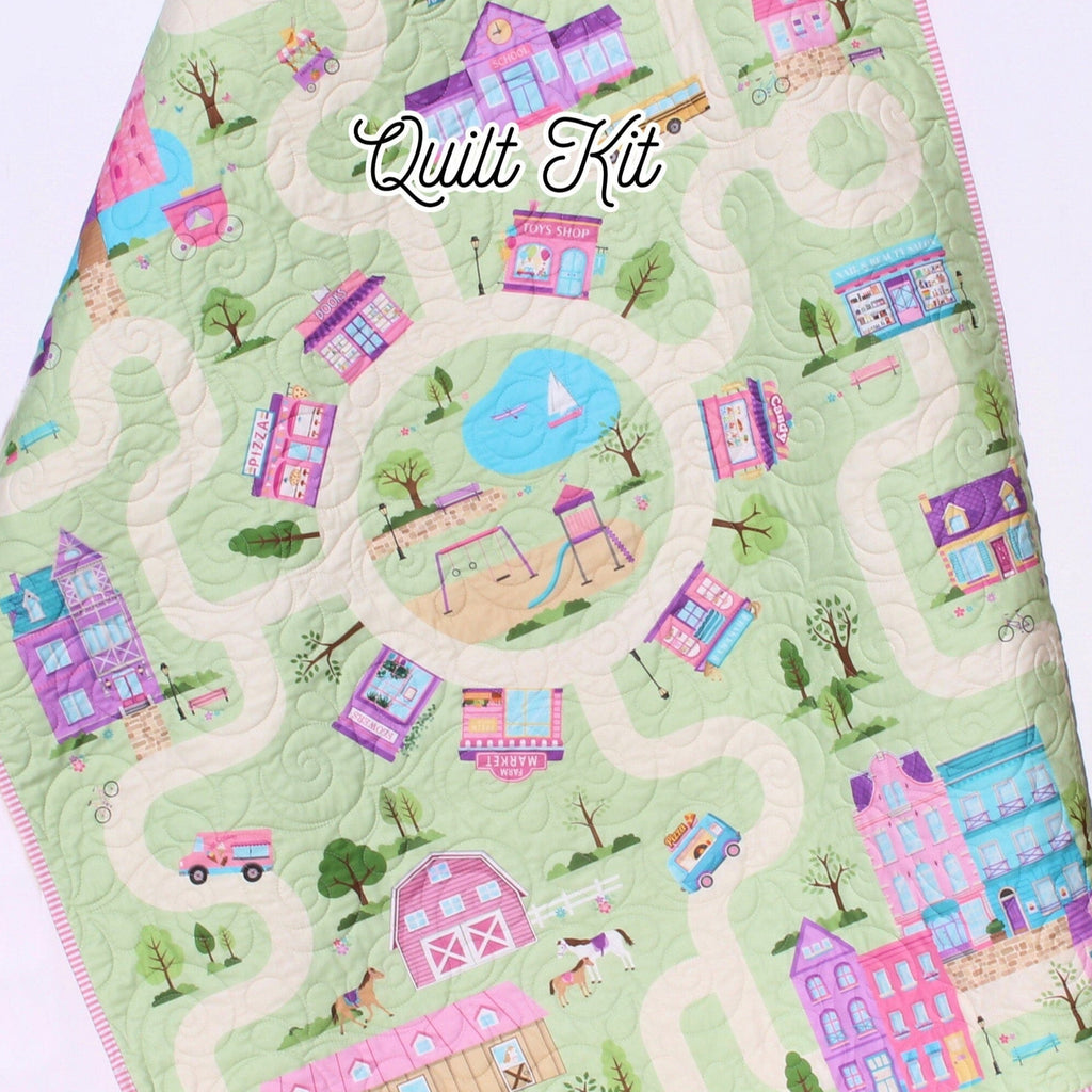 Kristin Blandford Designs Dreamland Girls Playmat Quilt Kit Panel Baby Blanket Project Toddler Size Minky Backing Roadways Play Mat Toy Activity Imagination Adventure