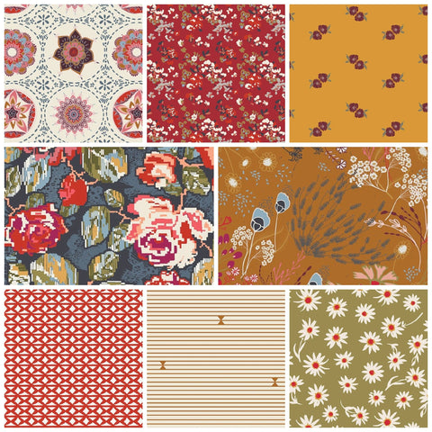 Kristin Blandford Designs Fabric Bundles Fall Fabric Bundle, Fat Quarter Half Yard and Yards Art Gallery Fabrics Autumn Winter Prints, Trinkets Fusion, Navy Blue Brown Red Floral